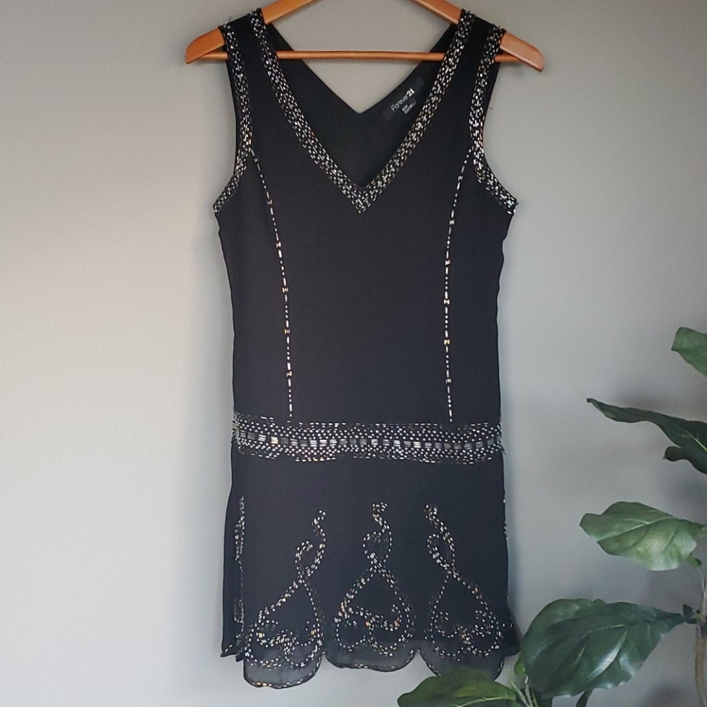 Beaded black drop waist dress Gatsby